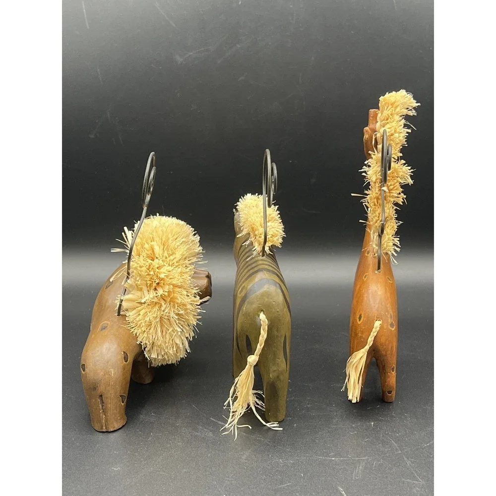 Carved Wood Animal Note Picture Holders Lion Giraffe Zebra Raffia Boho~ Set of 3